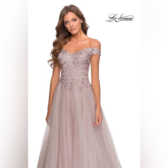 La Femme off-shoulder formal gown with slit; size 12 - Picture 3 of 3